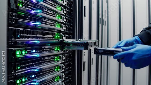 It technician wearing blue gloves is installing or replacing a hard drive in a server rack in a modern data center, ensuring efficient data storage and processing