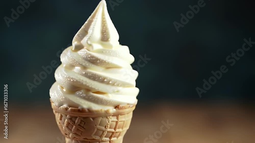 Vanilla Soft Serve Delight in Close Up A Creamy Light Yellow Ice Cream Swirl on Waffle Cone against Blurred Dark Teal Backdrop A Perfect Treat for Summer Ads and Dessert Promotions