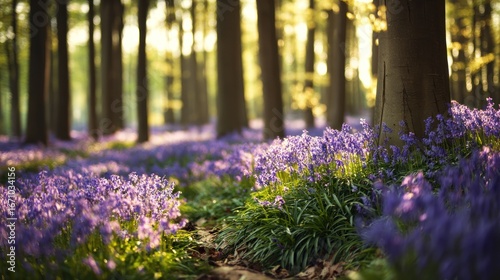 Forest floor covered with purple flowers