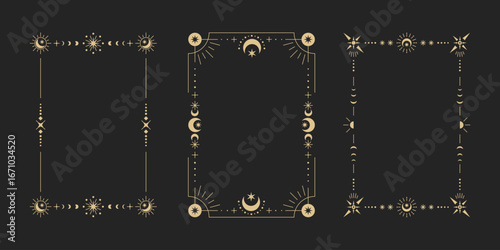 Celestial esoteric frame element collection. Rectangle golden geometric boho mystic border set.