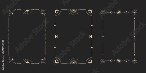 Celestial esoteric frame element collection. Rectangle golden geometric boho mystic border set.