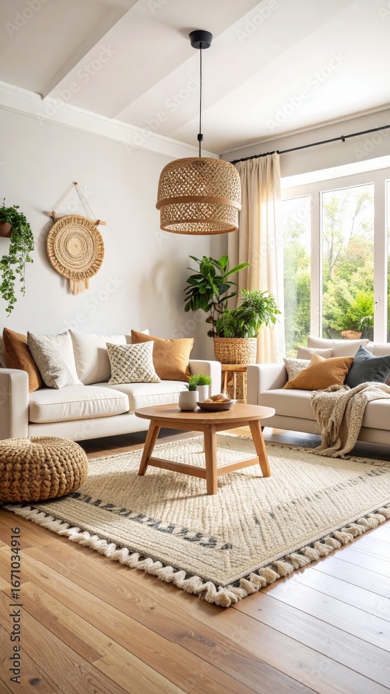 Fototapeta premium Sunlit Bohemian Living Room with Wicker Lampshade Tasseled Rug and Earthy Tones.