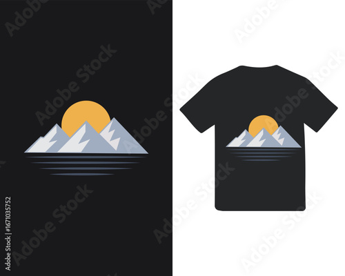 Mountain range silhouette over water with sun for t-shirt design landscape lake