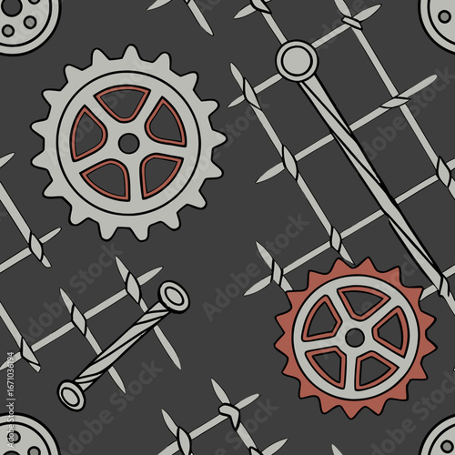 Striking industrial pattern featuring gridded wire mesh and mechanical components in metallic silver and dark red against an asphalt black background, accented with gears and bolts.
