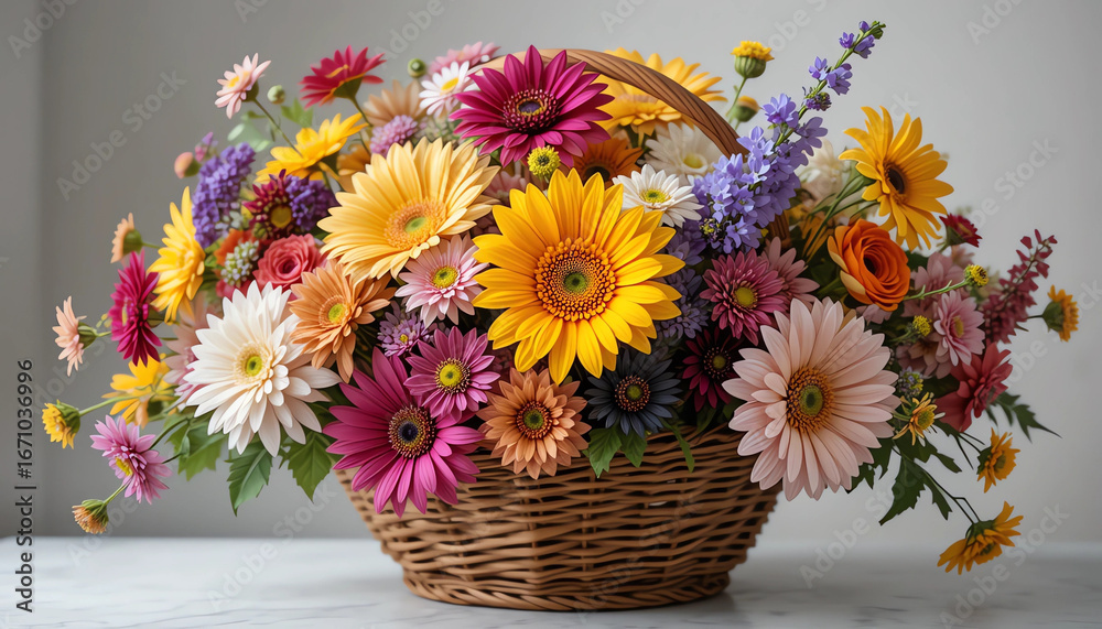 Fototapeta premium Basket of mixed seasonal flowers, bright colors, 16:9