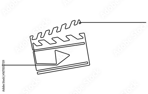 One continuous line drawing of clapper board. Action movie scene and retro video production concept in simple linear style. Outline editable stroke. Doodle vector illustration, One line drawing.