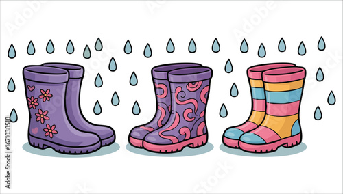 colorful rubber rain boots set for autumn weather vector art isolated on white background