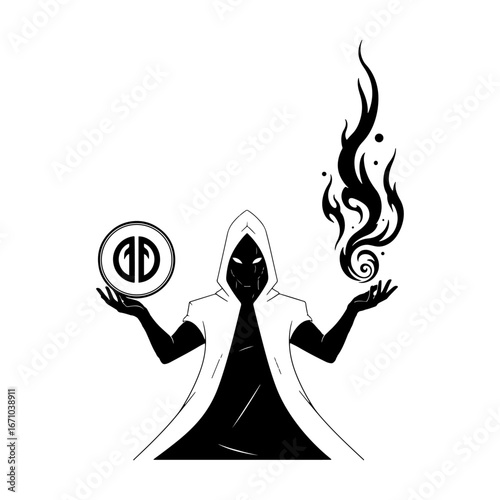 Hidden power in the hands of a dark magician, where on one side is the flame of creativity and on the other is a mysterious symbol.