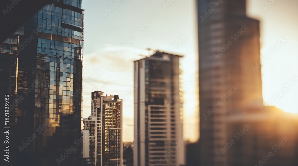 Obraz premium Contemporary urban skyline at dusk with glass skyscrapers reflecting golden sunset, warm color palette and simple city composition with blurred foreground