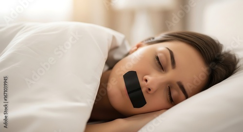 Woman Sleeping with Mouth Taped Shut.