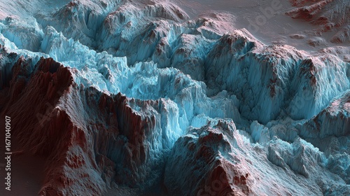 Crystalline blue glaciers under a red Martian sky, surreal planetary landscape, hidden purity of ice formations and futuristic extraterrestrial environment concept