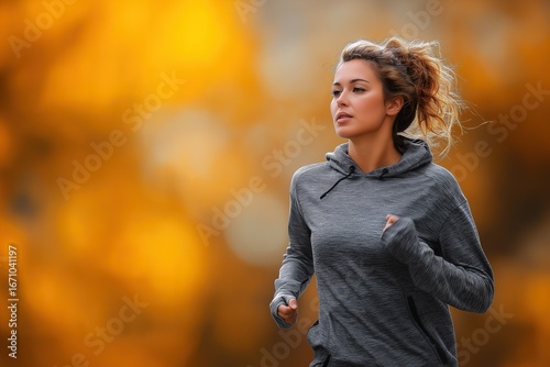 Young caucasian female jogging in autumn park with vibrant foliage