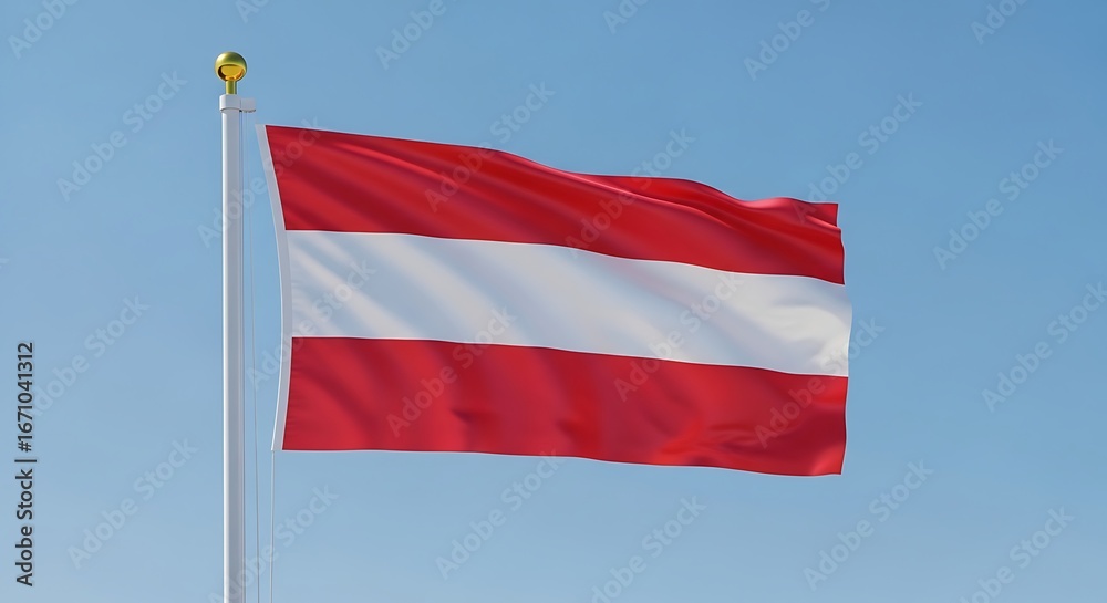 Fototapeta premium The national flag of Austria waving against a clear blue sky.