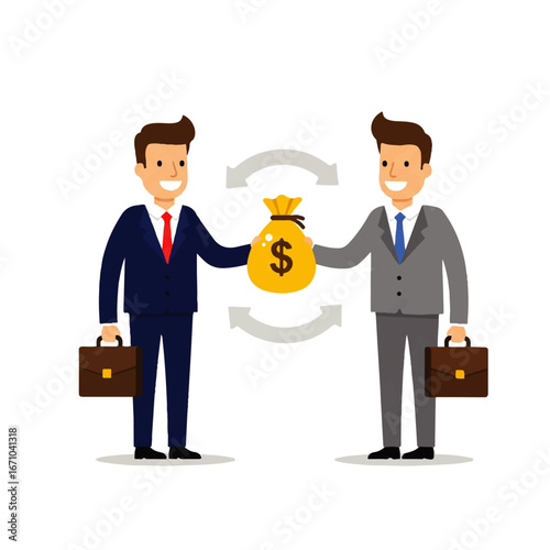Two businessmen exchanging a bag of money, symbolizing a financial transaction or business deal.