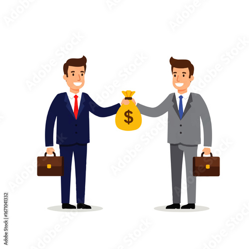Two businessmen exchanging a bag of money, both holding briefcases, against a white background.
