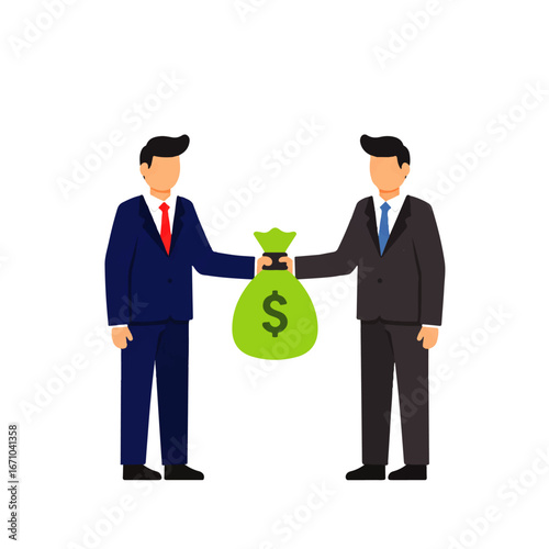 Two businessmen exchanging a green money bag with a dollar sign.