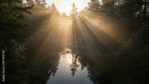 Sun Rays Streaming Through Forest Trees Reflecting on Calm River