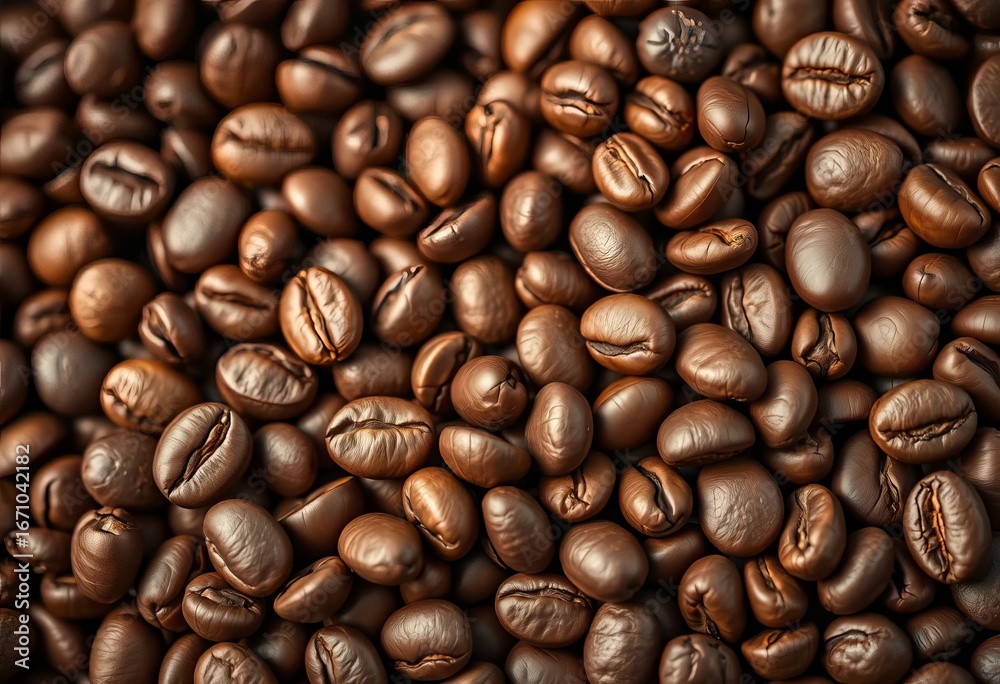 Obraz premium Close-up of organic coffee beans, rich brown hues, earthy tones, ethical, espresso