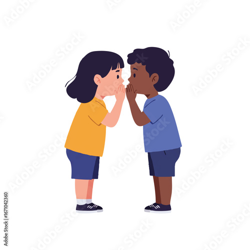 Two young children sharing a secret, whispering closely in a minimalist 2D flat vector illustration, featuring clean lines and solid colors, isolated on a white background.