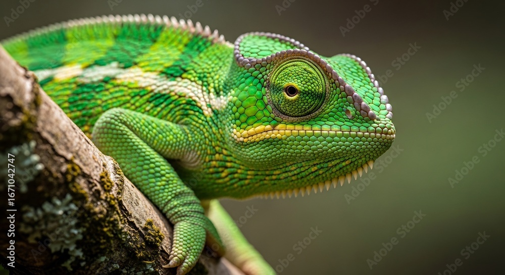 Fototapeta premium A green chameleon with yellow markings perches on a mossy branch