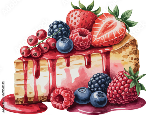  an irresistible slice of cheesecake, generously topped with a vibrant assortment of fresh berries and drizzled with a rich red berry sauce.
