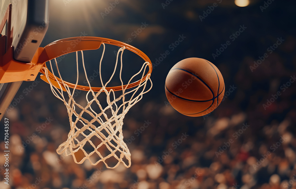Fototapeta premium Basketball soars toward hoop amidst cheering crowd during intense game, capturing the energy and excitement of competitive sportsmanship.