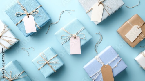 Wallpaper Mural Pastel-toned gift boxes arranged on a light blue background, tied with twine and featuring blank tags Torontodigital.ca