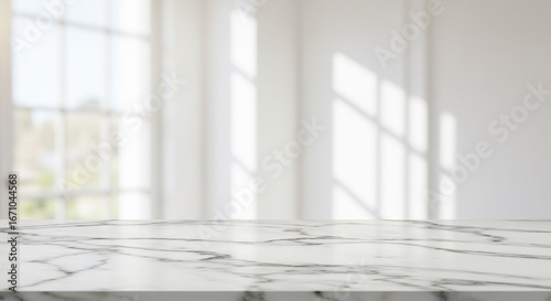 A marble surface in front of a bright sunlit room