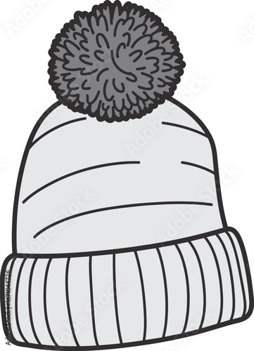 Simple Line Drawing of a Gray Knitted Winter Beanie Hat with a Pom vector illustration