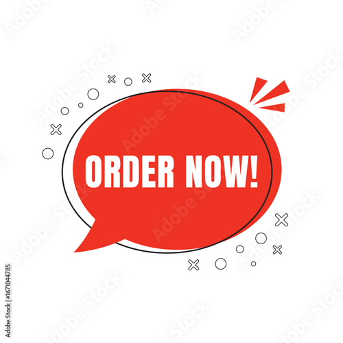 Order Now chat bubble badge icon. Shopping sale labels and quality tags. Promotional banner template for shop offers. Special discount, buy now, sale, promotion, Black Friday. Vector design.