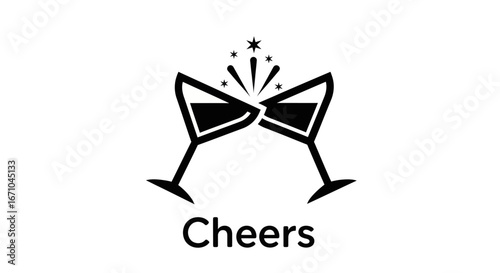 Two champagne glasses clinking together in a celebratory toast, with sparkling effects above them and the word "Cheers" below.
