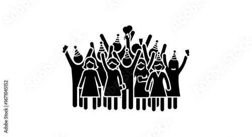 A group of people in party hats celebrate with raised arms, depicted in a black and white silhouette style.