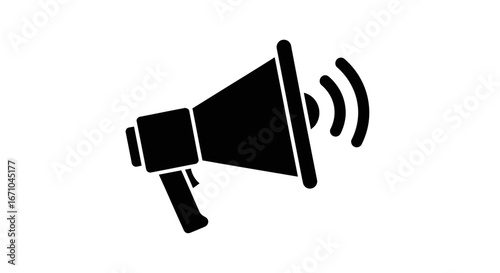 A black silhouette of a megaphone emitting sound waves, symbolizing announcement, amplification, and public address.