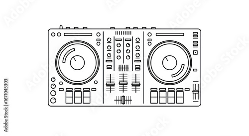 Line art illustration of a DJ mixing console with turntables, sliders, knobs, and buttons, presented on a white background.