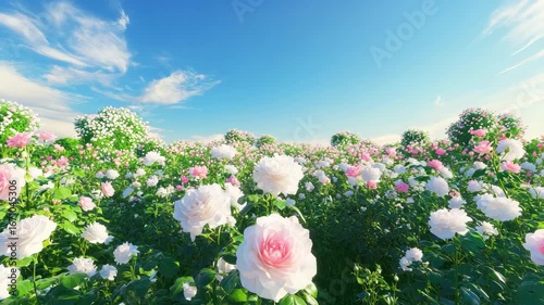 White and pink rose flower field blooming with lush green leaves bright blue sky, vibrant and peaceful outdoor garden landscape, natural beauty of white and pink roses scenic field, perfect