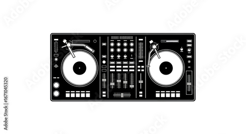 A professional DJ controller with two turntables, mixer, and numerous buttons and faders for music manipulation and performance.