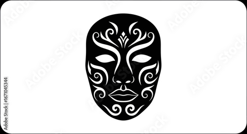 Ornate black and white face mask with intricate tribal patterns.