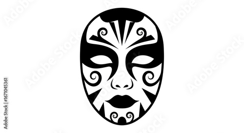 Ornate black and white mask, stylized face, cultural design, theatrical.