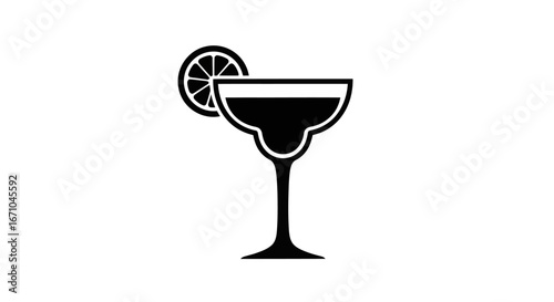 Stylized black icon depicting a classic margarita cocktail served in a stemmed glass, garnished with a fresh citrus wedge.