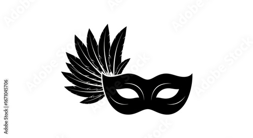 Elegant black masquerade mask with ornate feather detail.