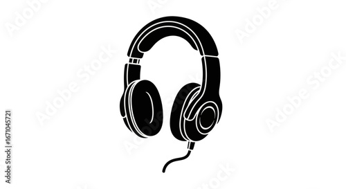 A black silhouette of over-ear headphones with a visible cord, depicted against a clean white background.