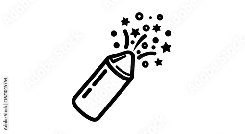 Black and white illustration of a party popper with confetti and stars bursting out.