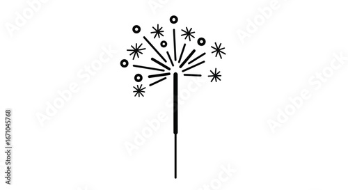 A minimalist black line art illustration of a lit sparkler emitting sparks, stars, and circles on a white background.