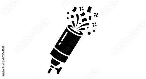 A black and white illustration of a party popper exploding with confetti and streamers.