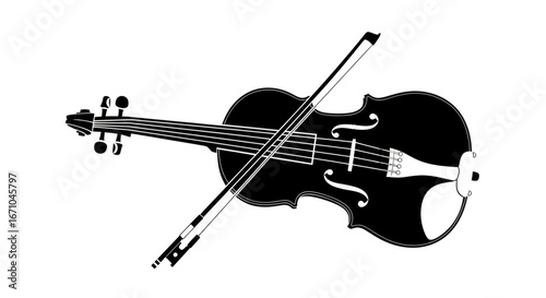 Black and white illustration of a violin and bow, classic musical instrument.