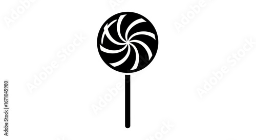 Black and white icon of a classic swirl lollipop on a stick, representing sweetness and candy.