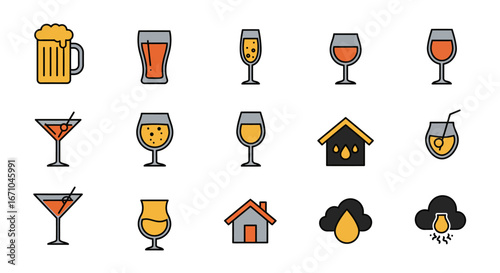 A collection of colorful flat design icons representing various drinks, houses, and weather.