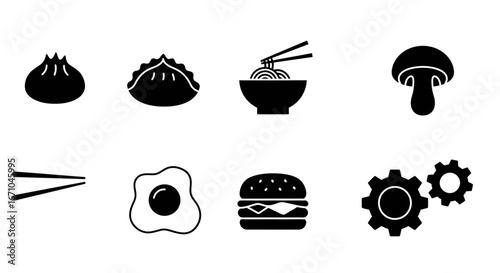 A collection of black and white icons featuring various foods like dumplings, noodles, and a burger, alongside chopsticks and gears.
