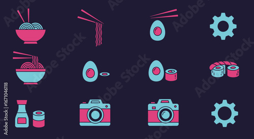 A collection of flat design icons featuring Asian cuisine like sushi and noodles, alongside cameras and gears, on a dark background.
