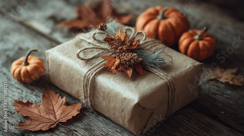 Fototapeta Naklejka Na Ścianę i Meble -  Autumnal gift wrapped in kraft paper, decorated with fall foliage and pumpkins